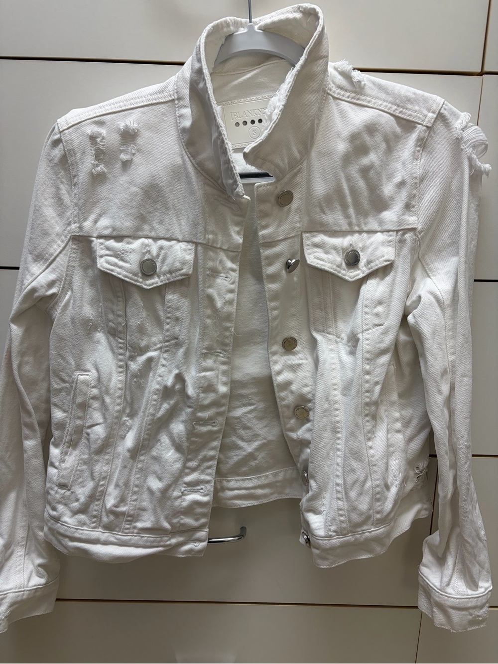Blank NYC White Distressed Denim Trucker Jacket